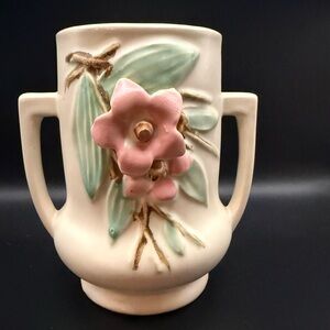 Vintage McCoy Pottery 6” Double Handle-1940s Pink Applied Flower